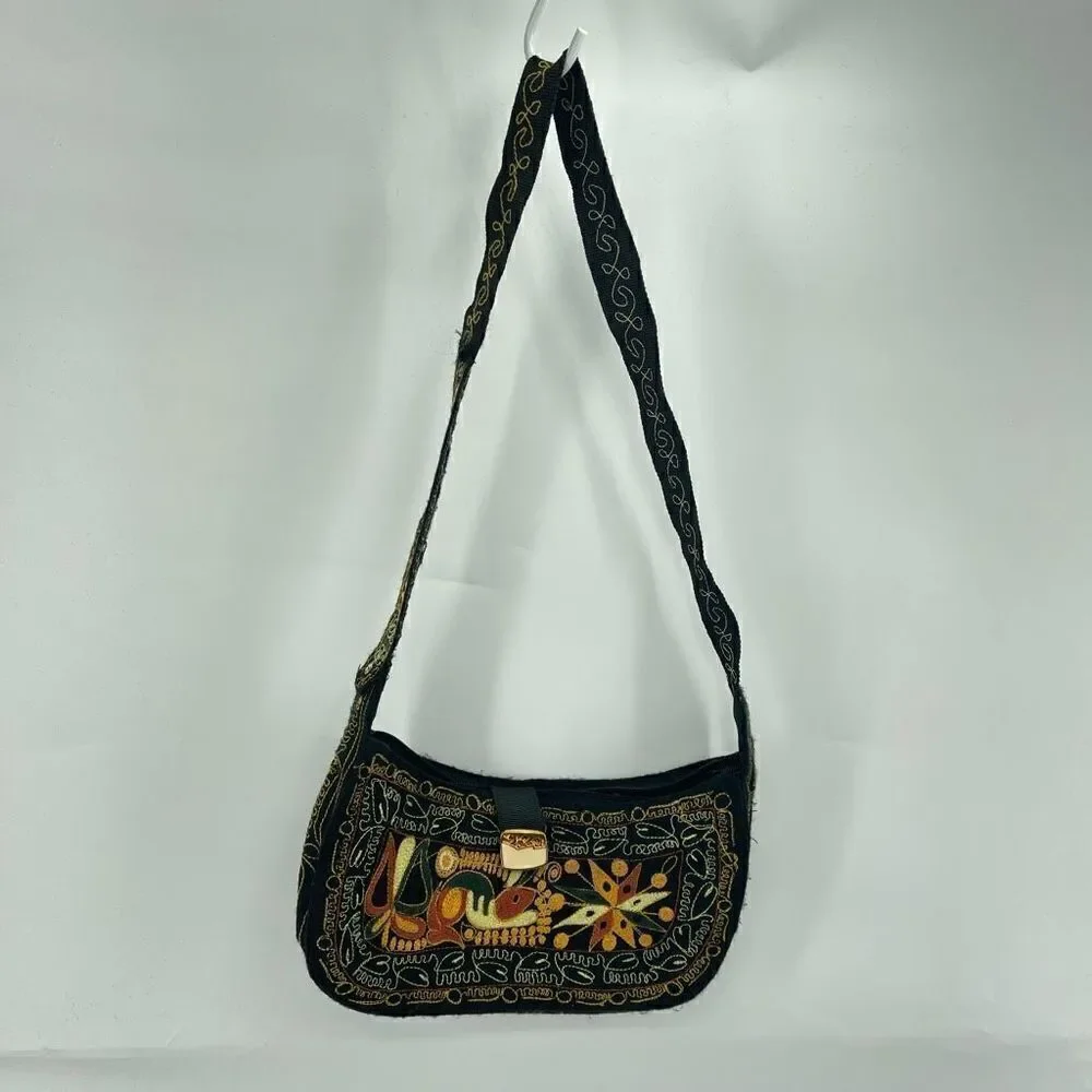 Womens Boho Bag Embroidered Handbag Purse handmade Black Multicolor